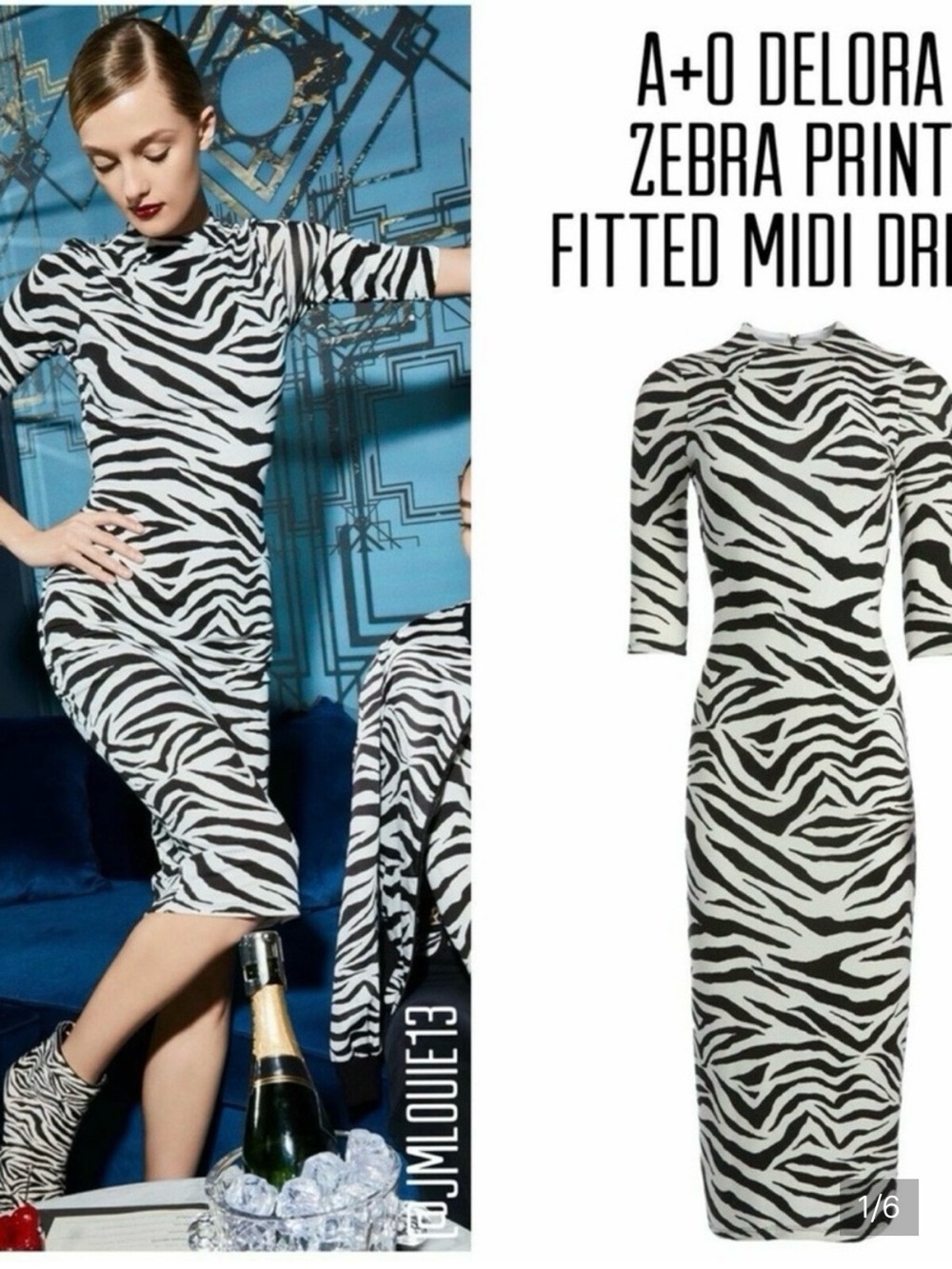 Alice + Olivia Black & White Zebra-Print Fitted Midi Dress
